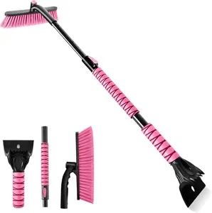44" Ice Scraper and Snow Brush for Car Windshield with Extendable, 360° Pivoting, Soft Bristle Head, Foam Grip, for Car, Truck, SUV Window Tool (Pink)