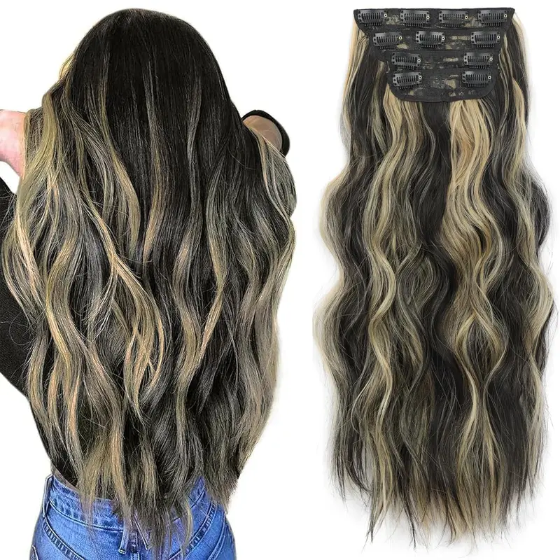 KooKaStyle Clip in Long Wavy Synthetic Hair Extension Balayage Dark Brown to Chestnut 4PCS Thick Hairpieces Fiber Double Weft Hair for Women