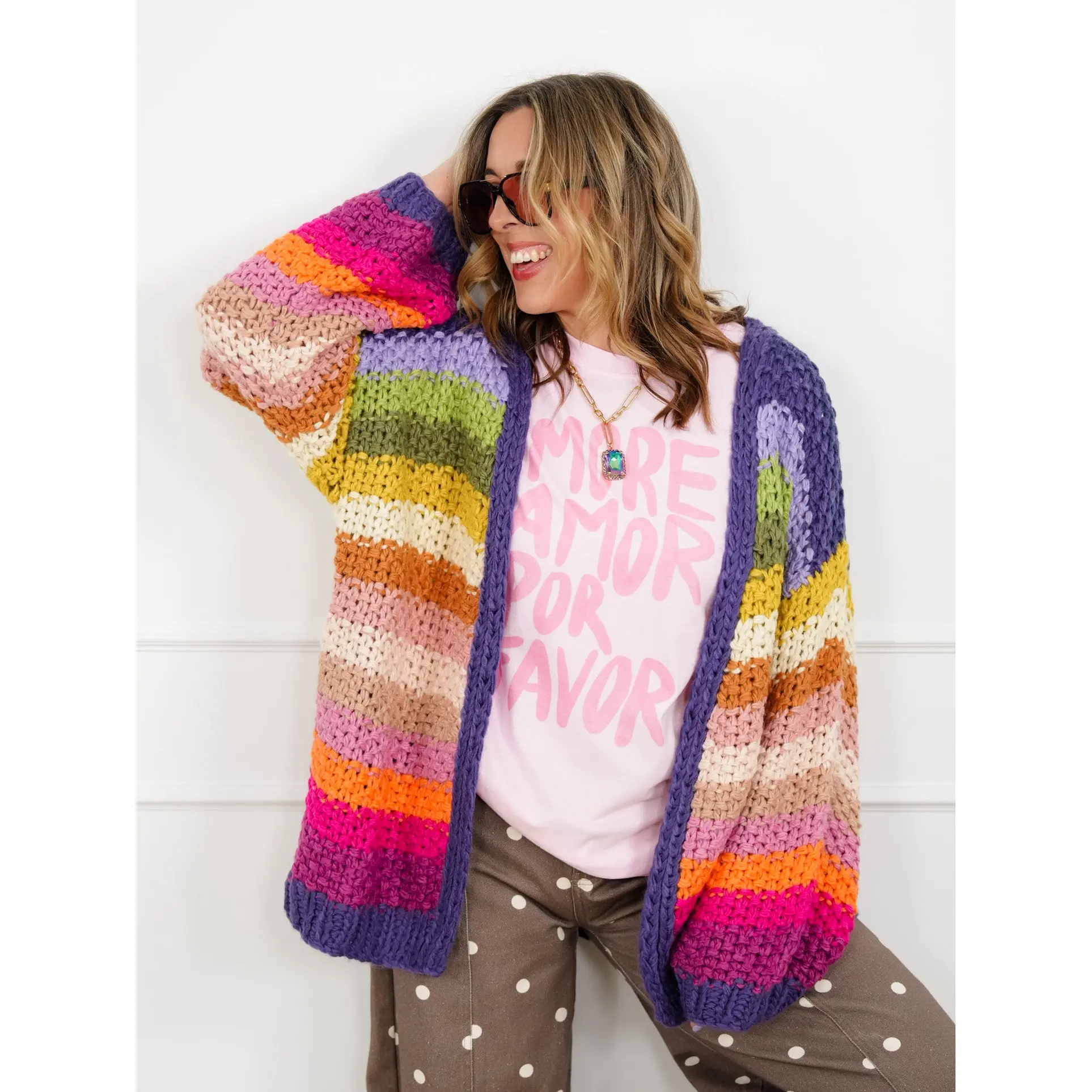 Restock! Rainbow Crochet Long Sleeve Open Front Cardigan