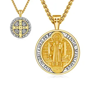 DRINSPER S925 Saint Benidict Necklace Plata 925 San Benito Collar, Gold Plated & Oxidated 925 Sterling Silver Pendant, Vintage Christian Protection Amulet