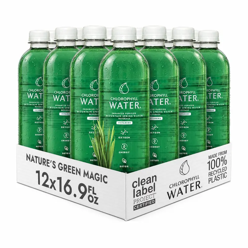 Chlorophyll Water (12-pack) Liquid Chlorophyll Drops in Purified Water Bottles for Glowing Skin, Natural Energy and Detox, Vitamins A, B12, C, D3, Clean Label Certified, Plant-Based Vitamin Water Beverage (16.9oz)