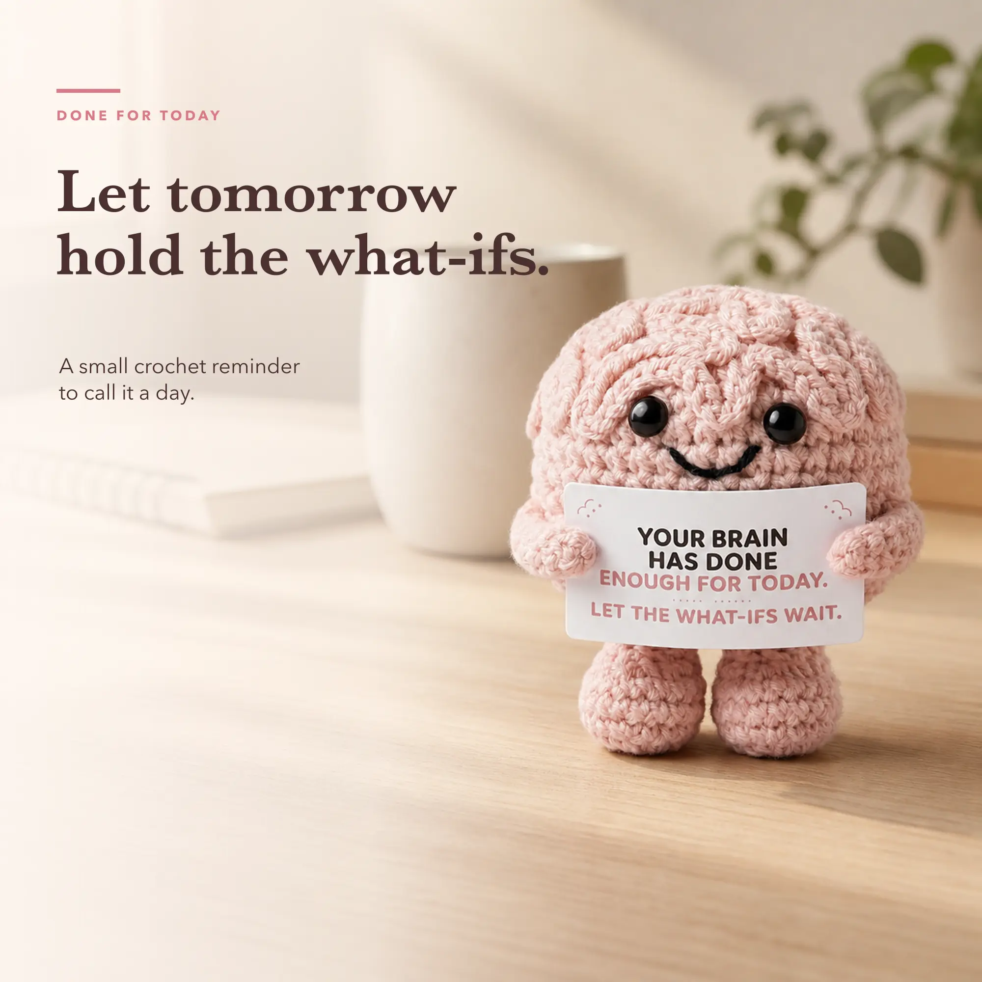 Emotional Support Crochet Brain Doll with Funny Card | Creative desk gift for teachers, students, artists and writers; pencil character with start-messy encouragement