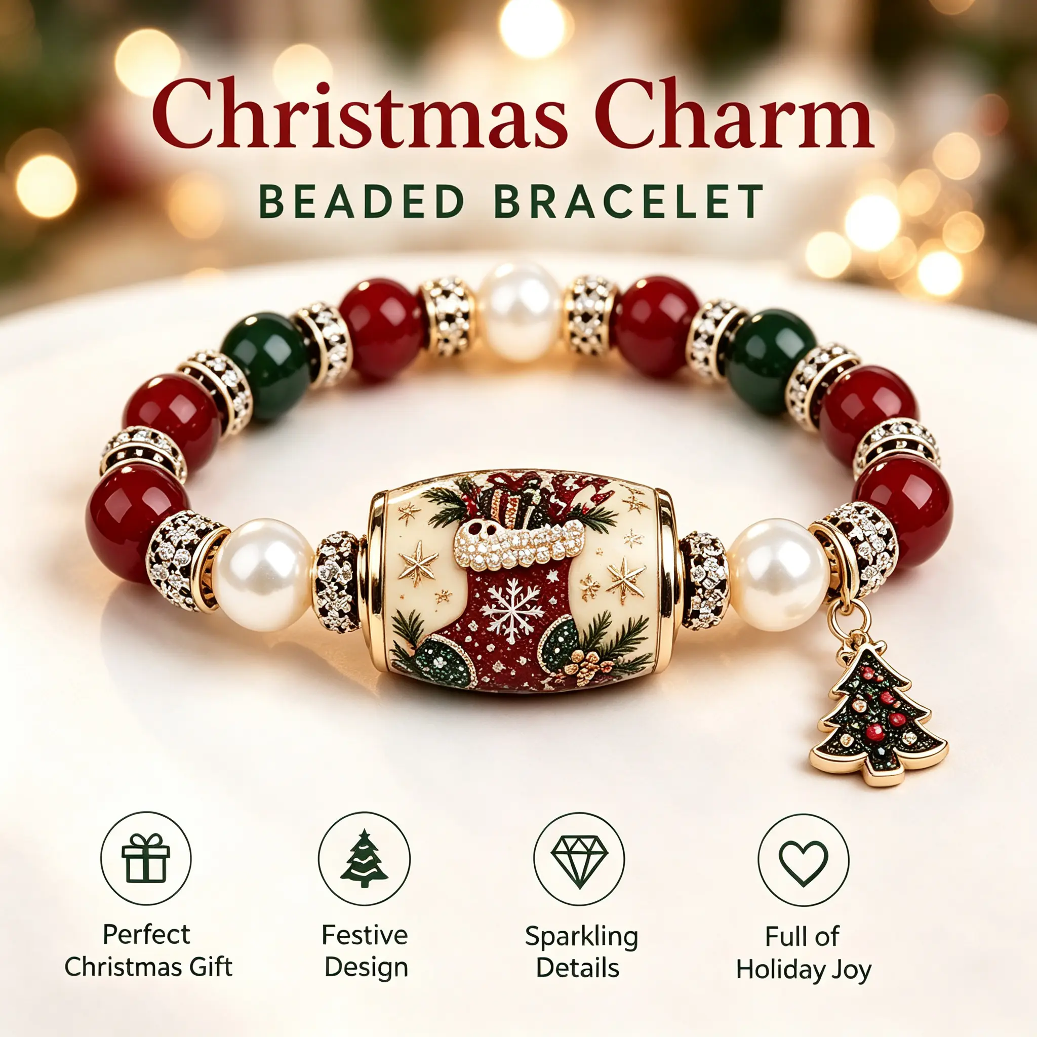 Women's Vintage Christmas Enamel Beaded Stretch Bracelet with Gift Box - Santa, Reindeer, Xmas Tree, Stocking Charms - Holiday Costume Jewelry Gift Item