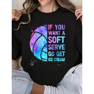 Volleyball Print Crew Neck Long Sleeve Sweatshirt for Teen Girls & Women Soft Comfortable Casual Streetwear Gift for Players Fans