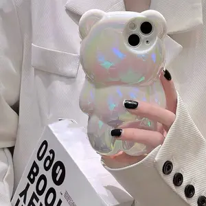 Personality cute laser three-dimensional bear is suitable for iPhone14promax mobile phone case Apple 13 new 12pro soft 11
