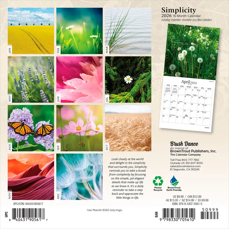 Simplicity | 2026 7 x 14 Inch (Hanging) Monthly Mini Wall Calendar | Brush Dance | Colorful Photography Inspiration Quotes 1