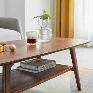 Rectangular Solid Oak Wood Center Table - 80x50x44cm Walnut Color, 100% Natural Grain, Dual Layers with Storage Shelf, Easy to Assemble, Multi-Use for Living Room Coffee Table or Home Office Study Desk