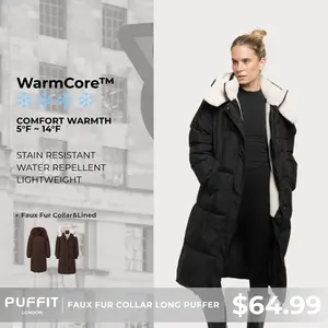 【Last Sale】PUFFIT WarmCore Premium Classic Hooded Long Puffer Coat Women Long Ladies Quilted Outerwear Jacket Big Pocket, Water Repellent  Winter Warm Basic Long Sleeve Tops Coat