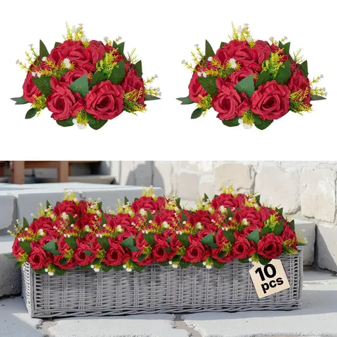 VEVOR 10-Pc Full-Layer Blooms Durable Silk Red Rose Kissing Balls Set, 9.4x9.4x4.7in Fluff-To-Restore Decorative Balls with Brush-Clean Upkeep, Exquisite Detailing 10-Pc Table Set for Wedding Home Decor