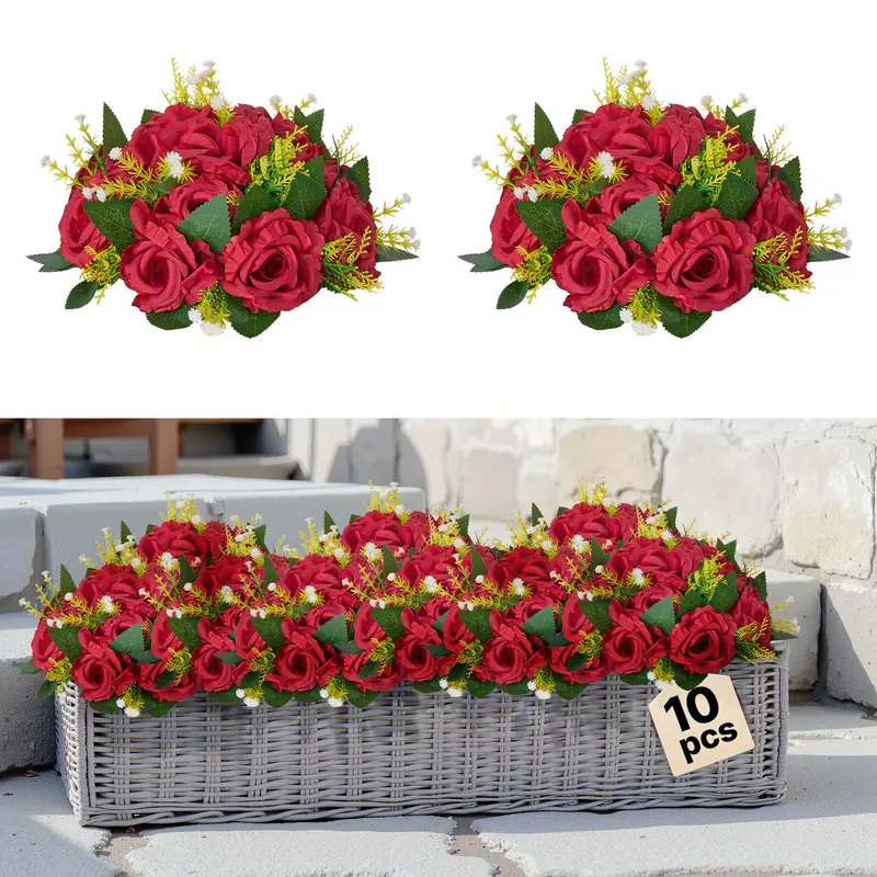 VEVOR 10-Pc Full-Layer Blooms Durable Silk Red Rose Kissing Balls Set, 9.4x9.4x4.7in Fluff-To-Restore Decorative Balls with Brush-Clean Upkeep, Exquisite Detailing 10-Pc Table Set for Wedding Home Decor