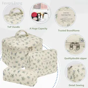 FEVERLZONG Quilted Large Makeup Bag Set Padded Cotton Cosmetic Bag with Top Handle & Quality Double Zipper for Travel multifunctional organizer