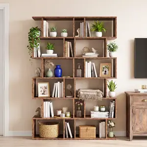 62.6 Inch Geometric Bookcase – 6-Tier S-Shaped Modern Bookshelf, Tall Room Divider Shelf with 30 lbs per Shelf, Display Storage Unit for Living Room Bedroom Office