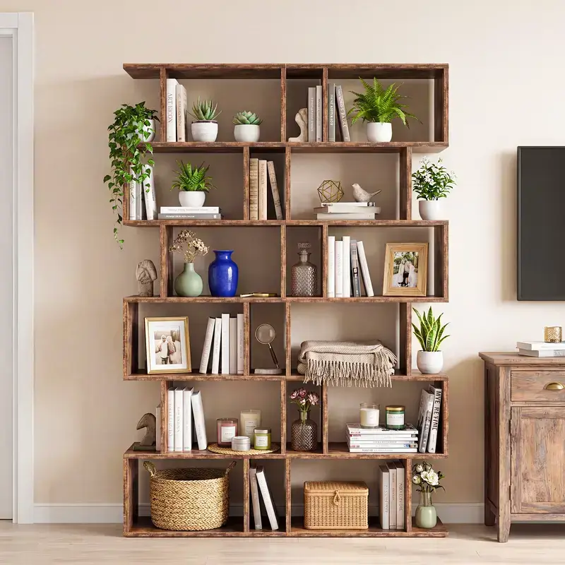 62.6 Inch Geometric Bookcase – 6-Tier S-Shaped Modern Bookshelf, Tall Room Divider Shelf with 30 lbs per Shelf, Display Storage Unit for Living Room Bedroom Office