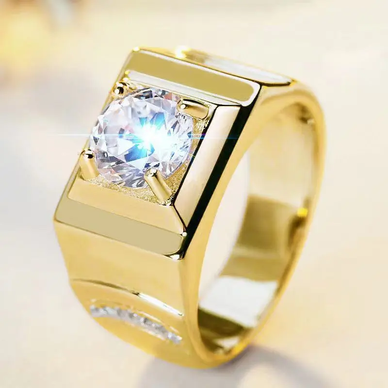 Bold Men's 24K Gold Plated Ring - Zircon Inlaid Adjustable Open Band, Stylish Business Statement Jewelry