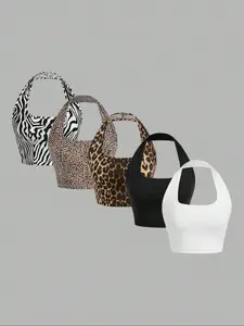 Classic Fashion Trendy Halter Neck Women's Tank Top Set, 5 Piece Set, Casual Stylish, Fitted and Comfortable, Perfect for Daily Wear