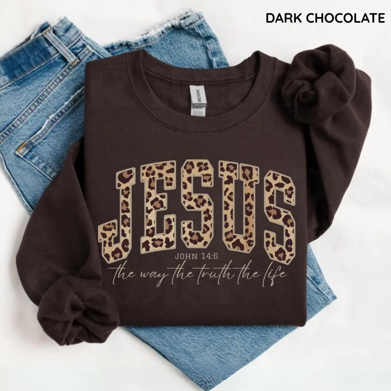 Christian Jesus Leopard Sweatshirt, Cheetah Print Bible Verse T-Shirt, Trendy Faith Apparel Gift, Jesus Loves You, The Way The Truth The Life