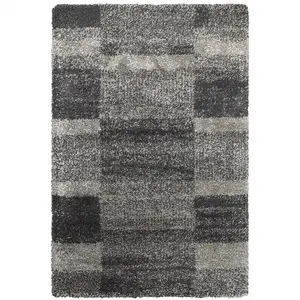 HomeRoots 507872 4 x 6 ft. Geometric Shag Power Loom Stain Resistant Area Rug, Charcoal, Silver & Gray