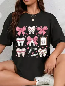 100% Cotton Unisex Pink Coquette Bow Cute Teeth Dentist Squad Dental Assistant Round Neck Short Sleeve T-Shirt Women's Men Graphic Tee