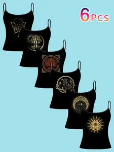 Women's Life Tree Totem Printed Strap Top, Elegant Sleeveless Cami, Slim Fit Casual Inner Layer, Mystical Magic Style, All Season Wear, No Collar Design