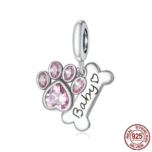 925 Sterling Pink Heart Dog Paw & "Baby" Bone Dangle Charm