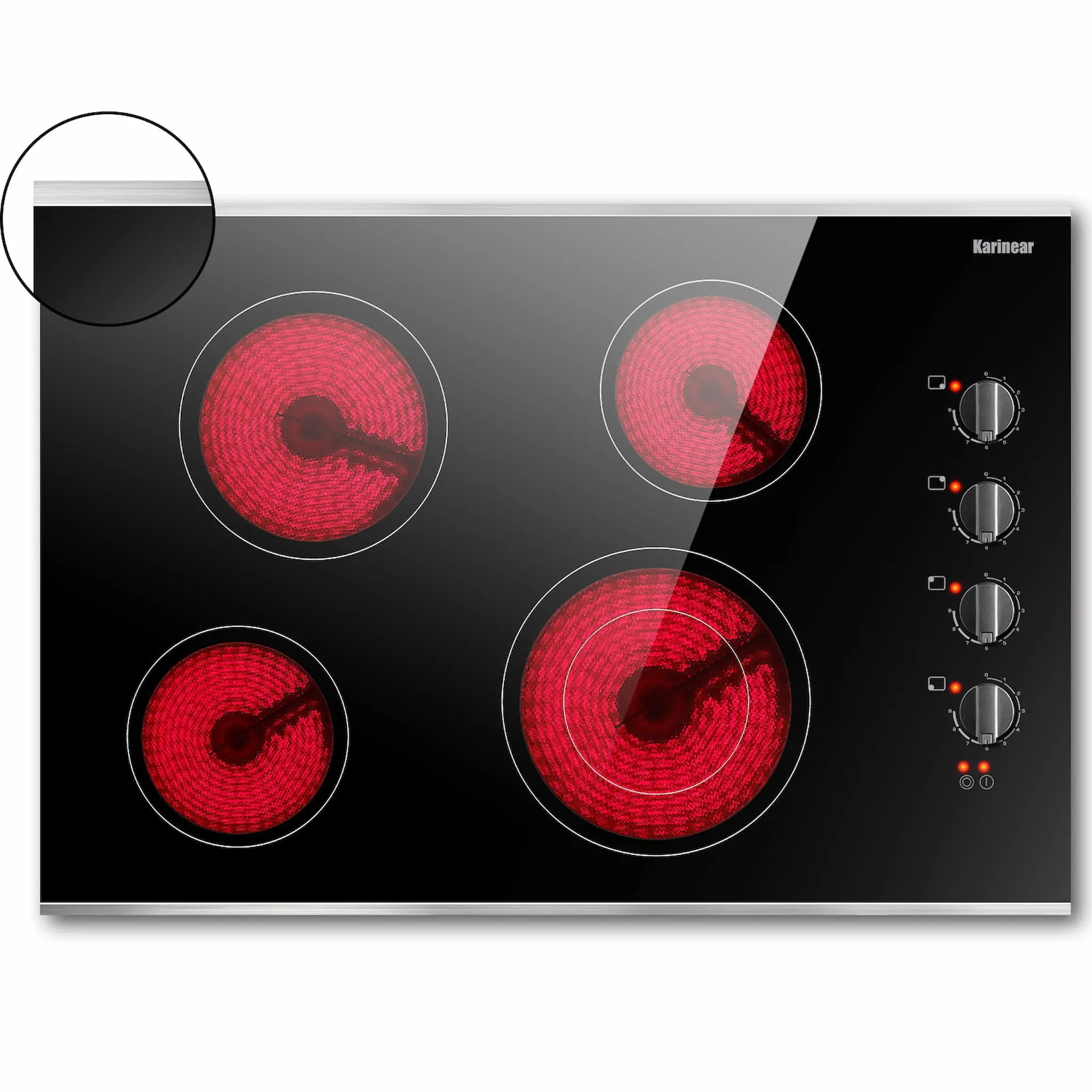 Karinear 30-Inch Built-In Household Framed Electric Stove Top - Knob Control, Glass Protection, 220-240V, Child Safety Lock, Plug-Free, 30.3 in x 20.5 in x 2.12 in, 1200w+1200w+1800w+1250/2500w, Compatible with Aluminium Pans