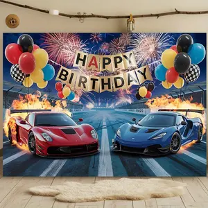 1PC,2D Flat Race Car Happy Birthday Backdrop, Kids' Birthday Party Decoration Tapestry, Photo Background Wall for Boys' Birthday, Flame Race Car Balloon Fireworks Scene Banner for Party Decor