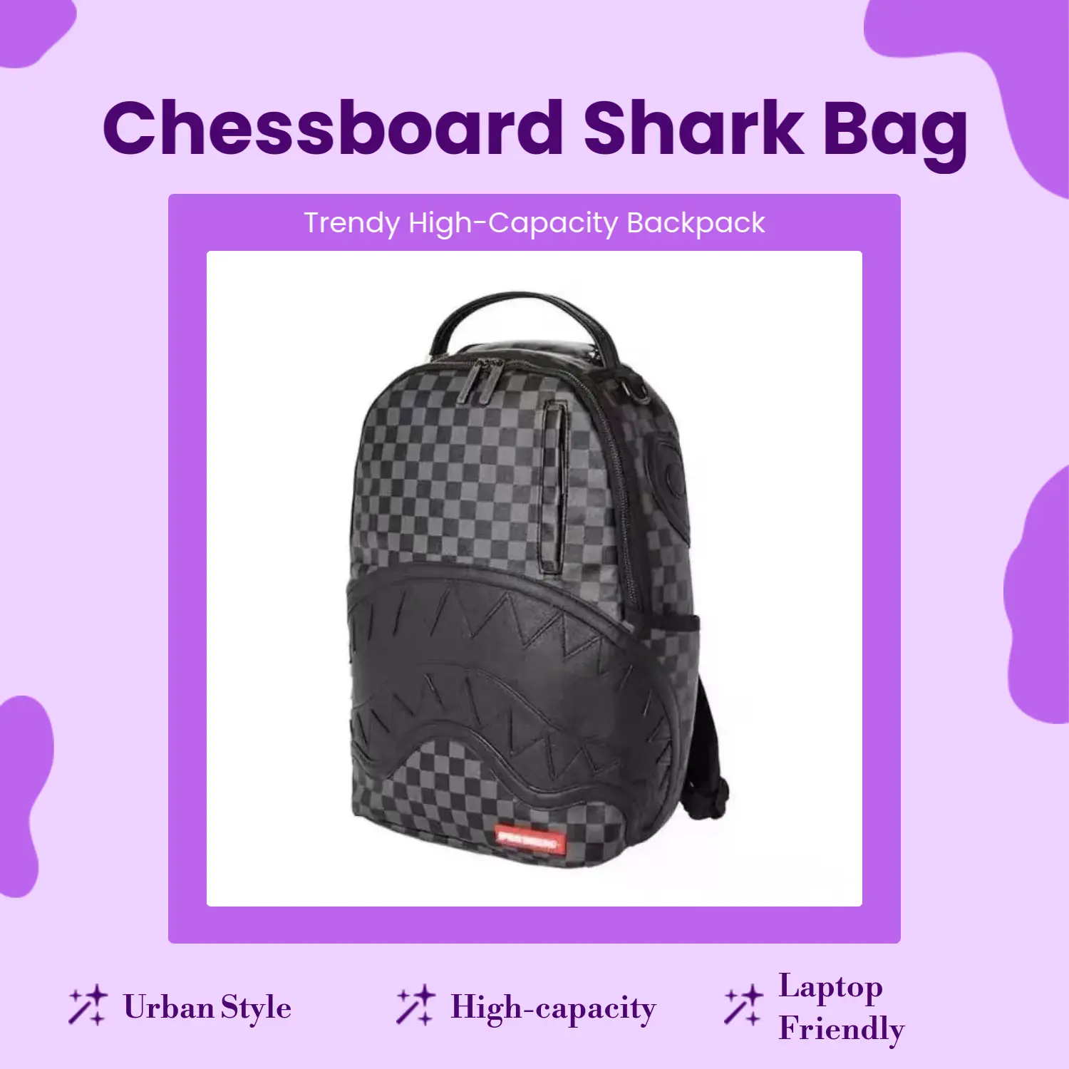 Sprayground Chessboard Shark - Mouth Backpack, Streetwear Trendy School/Travel Bag, Spacious Durable Daypack for Men/Women, Unique Urban Style Backpack High-capacity laptop backpack Minimalist Black American High-Street Style outdoor hiking