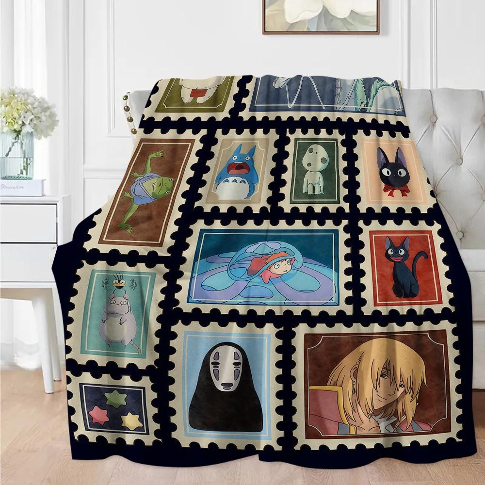 Retro Ghibli Blanket Soot Sprites Flannel Blanket Ghibli All Characters Stamp Blanket Mononoke Soft Warm Throw For Gamer Room Decor Dorm Essential Bed Sofa Home Gift