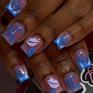 Valentine's Day Press-on Nails Short Square ABS Material 24 Pcs (12 Sizes) Heart Glossy Pattern Blue Heart Designs Full Cover Acrylic Nails for Women and Girls