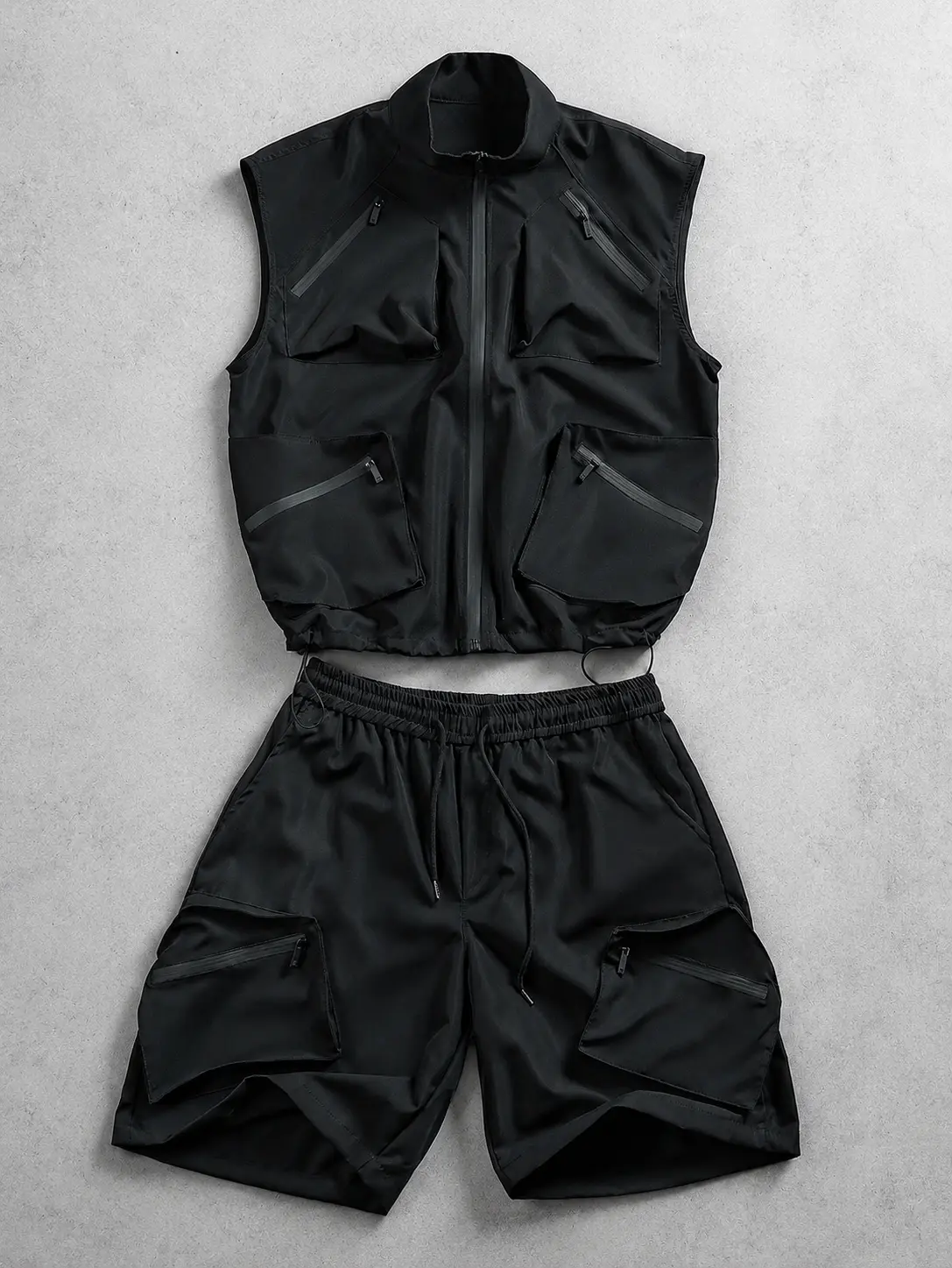 Mens Techwear Utility Vest and Cargo Shorts Set Zip Up Sleeveless Jacket Multi Pocket Outdoor Two Piece Outfit Streetwear Y2K Tactical Summer Casual Festival Hiking Workwear Drawstring Shorts Matching Set for Men Trendy Loose Fit Daily Wear Urban Style SS