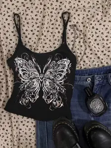 Women's Sexy Bodycon Halter Top, Large Butterfly Print Round Neck, Casual Fashion Tank Top, Sleeveless, All Seasons Wear, H Type Silhouette