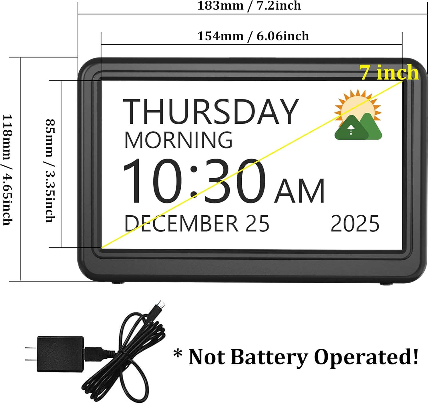 Clock with Day and Date for Elderly, 7" Large Display Digital Calendar Day Clock with 20 Custom Alarms and Medicine Reminders, Dimmable Dementia Alzheimers Clocks for Seniors, Black (Ac Powered)