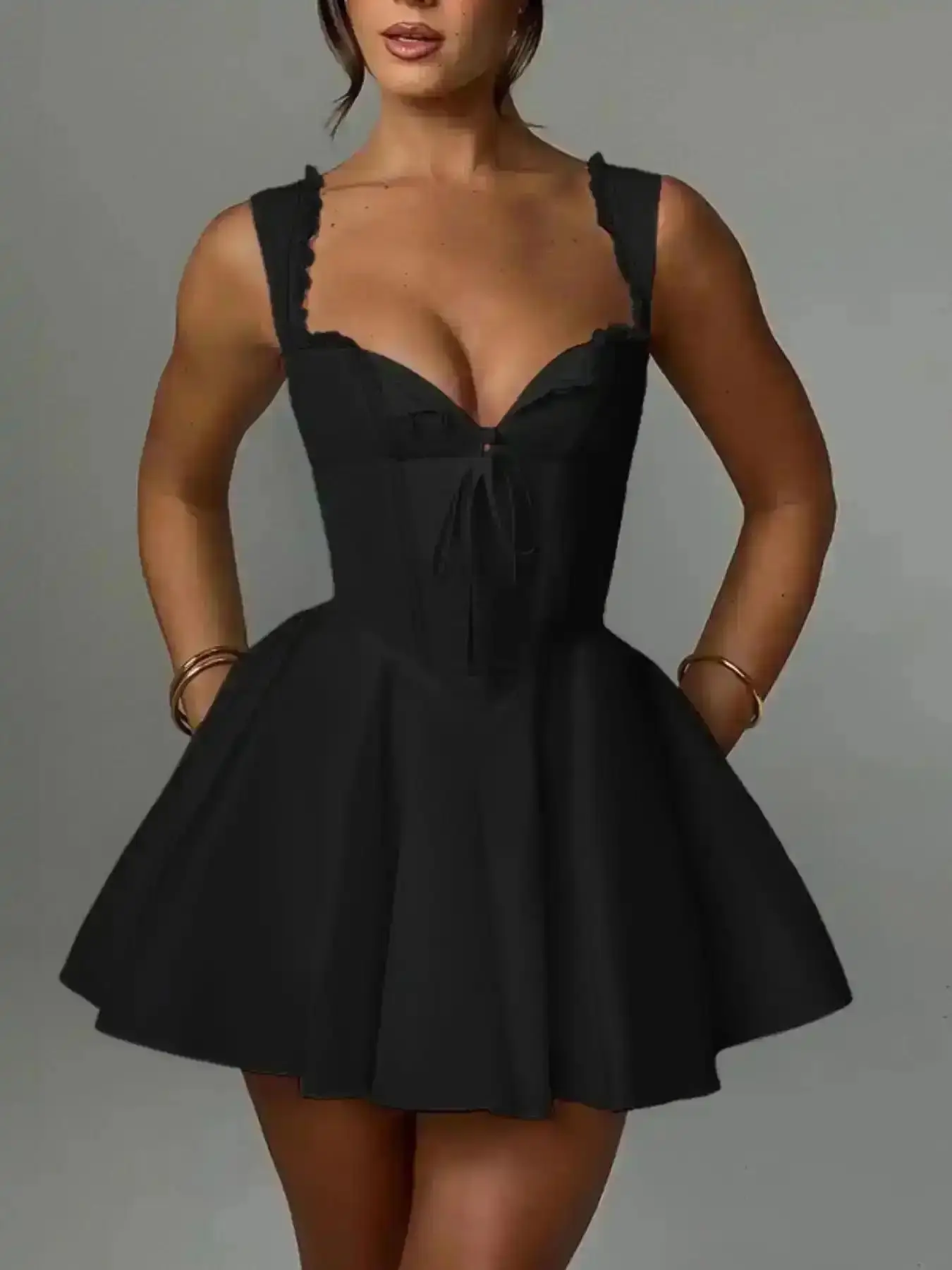 2026 Women's Contrast Lace Sweetheart Neck Fit and Flare Dress, Elegant Button Corset Structure Short for Party Wedding Guest, Ladies Summer Clothes, Great for Spring and Summer Outings, Great for Casual Wear