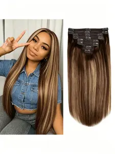 Clip In Hair Extensions Real Human Hair, 8pcs, Brazilian Remy Human Hair Clip Ins For Women, Double Weft, Double Weft Hairpieces, #4/27 Chocolate Brown To Honey Blonde, Weft Hair Extensions Human Hair