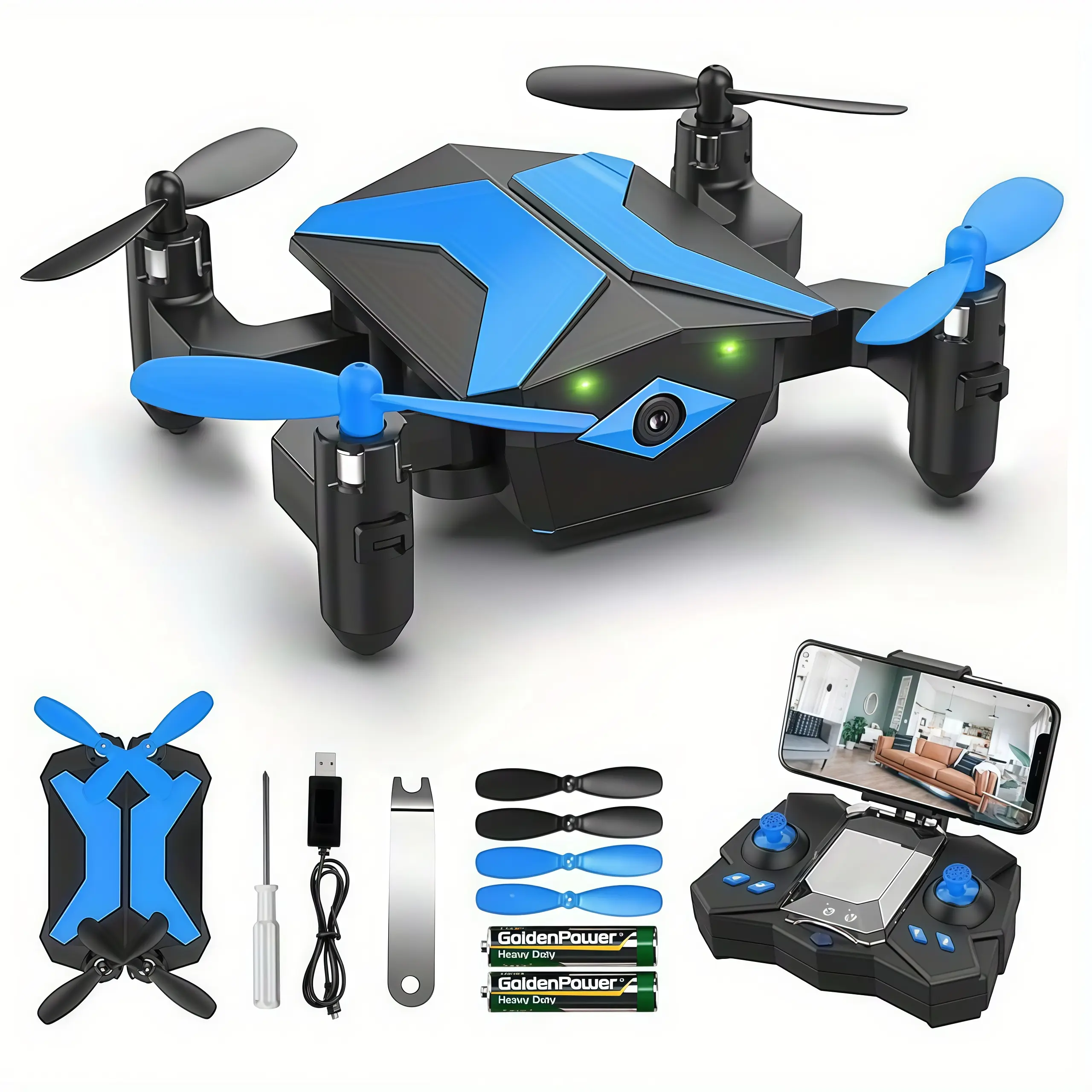 X‑PACK 2 Foldable RC Quadcopter With Camera, Blue Mini Drone, Comes With 2 Rechargeable Batteries, FPV Real‑Time Video, Portable Flying Toy For New Users