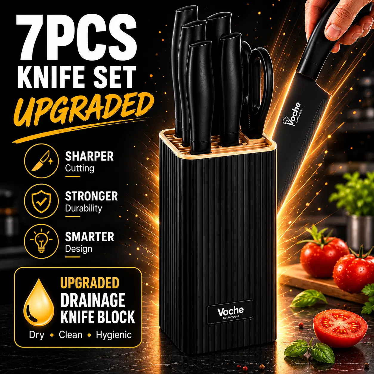 7PCS Knife Set with Upgraded Drainage Knife Block, Space Saving Kitchen Knives Set for Apartment & Small Kitchen, Sharp Stainless Steel Chef Knife Set with Scissors