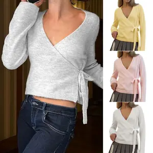 Women’s V-Neck Knit Cardigan, Long Sleeve Wrap Tie, Solid-Color Side Panels, Autumn Top, Women’s Clothing for Everyday Wear