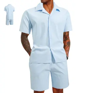 Men's Summer Short Sleeve Shirt and Shorts Set Solid Color Casual Two Piece
