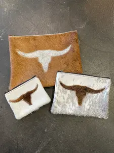 Assorted LONGHORN Steer Cowhide Zipper Pouch Bags Coin, Cosmetic, Travel Purse