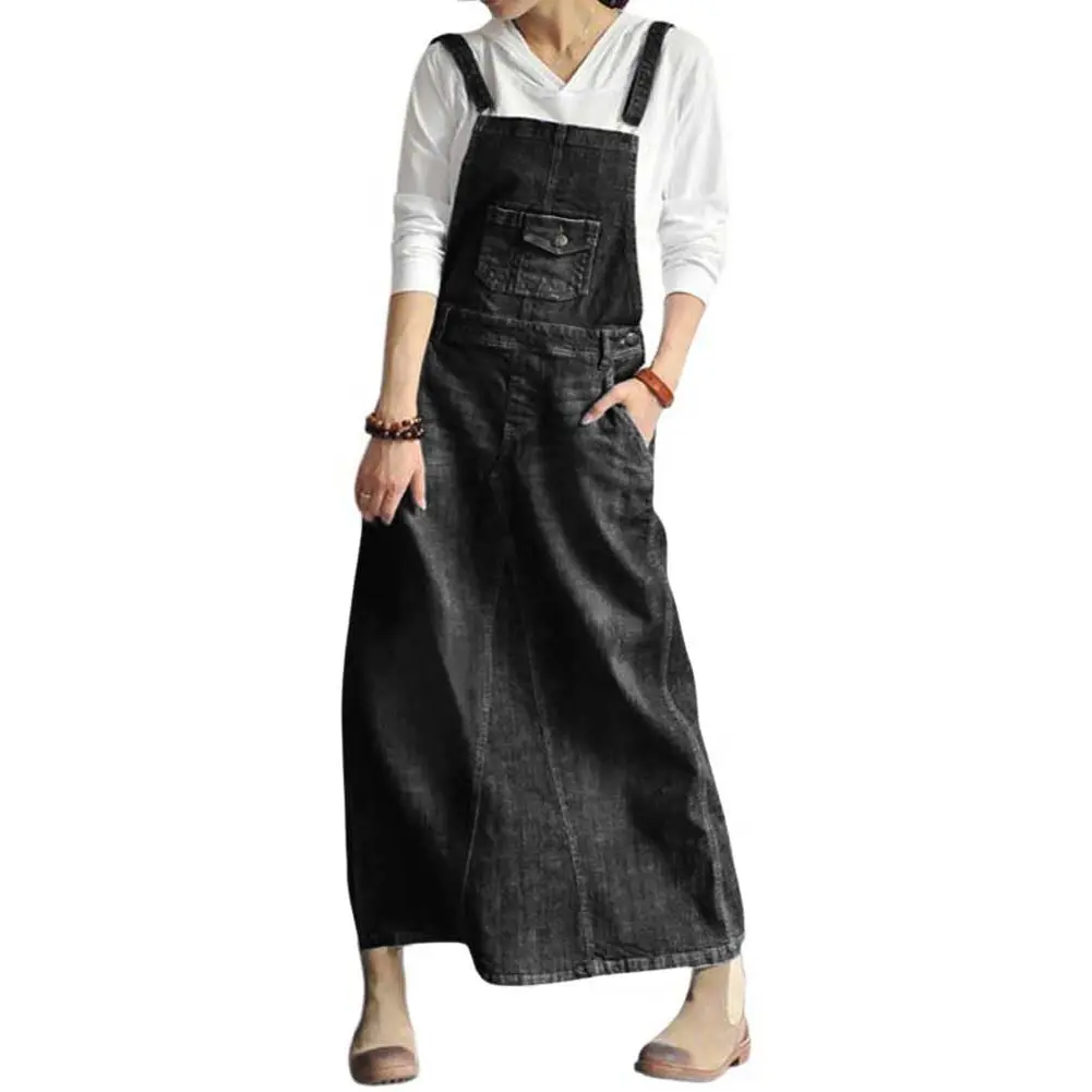 Chouyatou Women's Retro Vintage Adjustable Strap Denim Overall Dress - Distressed A-Line Pinafore Bib Jean Dress with Kangaroo Pocket, Versatile for Tank Top, Blouse Layering