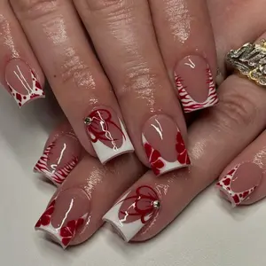 24pcs Wearable Nail Set, Glossy Nude Short Square Nails, Floral & Zebra Pattern Rhinestones, Y2K Style Manicure, Nail Art