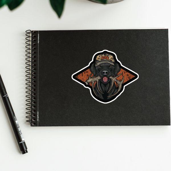 Hunting Dog Sticker with Antlers, Camo Hat Good Boy Decal, Retriever Hunting Vinyl Sticker for Trucks, Coolers, Laptops, Outdoorsman Gift, Deer Hunter Accessories