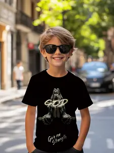 Gold Power Praying Hands Short Sleeve T-Shirt, Graphic Printed Shirt, Comfortable Casual Versatile Outerwear, Daily Wear 100% Polyester Kids Summer Clothing