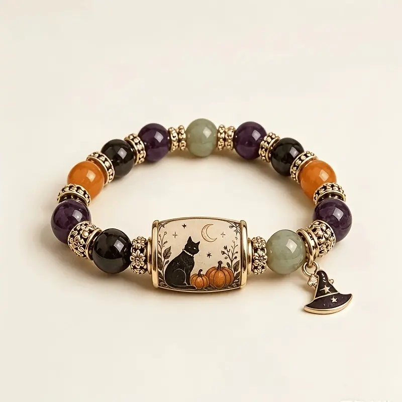 1pc Halloween Black Cat Pumpkin Beaded Charm Bracelet, Stretch Witch Hat Jewelry with Card, Fall Gifts for Women, No Gift Box