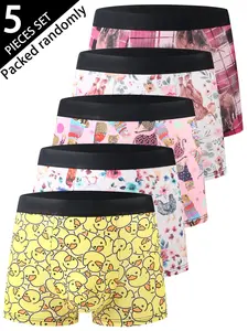 Men's Boxer Briefs Set of 5pcs, Duck Animal Pattern, Trendy Fashion Print, Preppy Style Underwear, All Seasons Wear