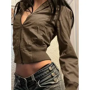 New[Y2K Style Zippered Jacket] Y2K Style High Neck Zippered Jacket - Polyester 95% Elastane 5% Short Length Long Sleeve All-Season  Casual Coat Fabric