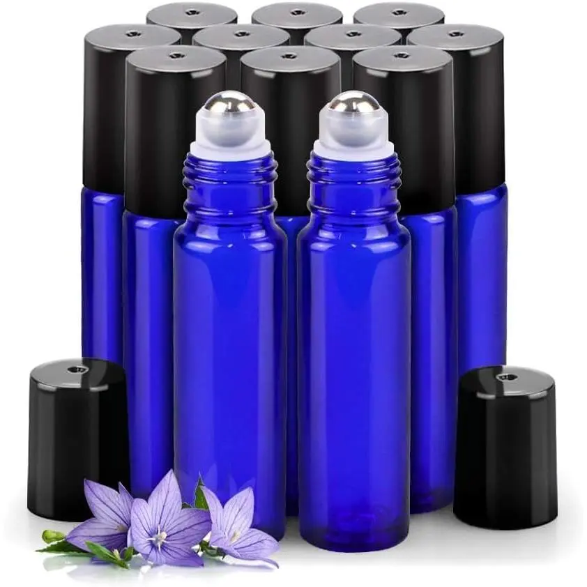 12 Pack Essential Oil Bottles, 10ml Blue Glass Bottles with Stainless Steel Roller Balls and Caps for Travel, Perfume and Lip Gloss