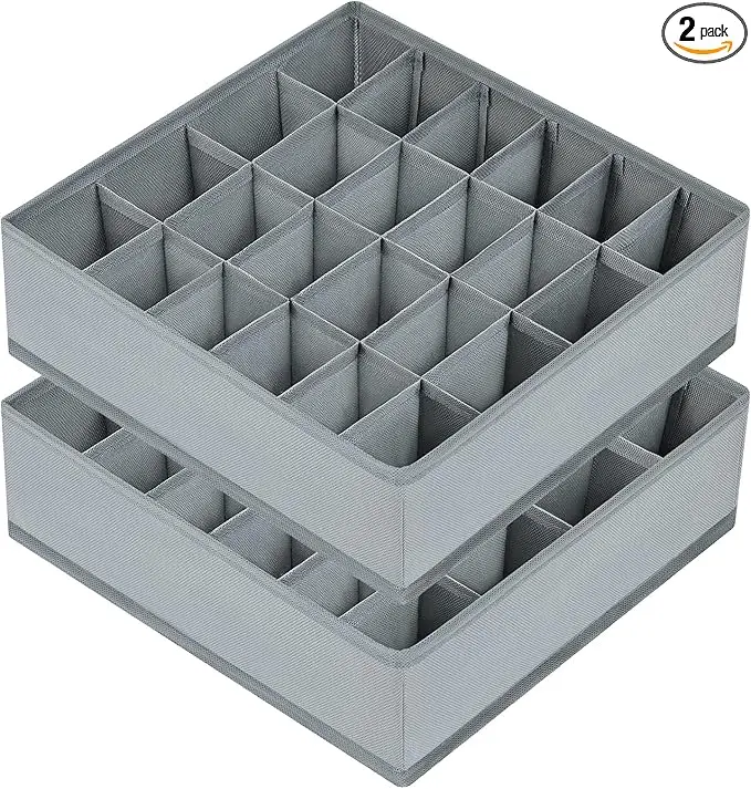 Sock Drawer Organizer Divider 2 Packs Underwear Organizer, 24 Cell Closet Organizers and Storage Organizer Sock Holders Organizers for Storing Socks, Handkerchiefs, Ties, Belts (Grey)