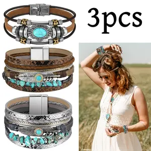 3 pack Women Turquoise Bracelet Multi-Layer Crystal Beads Cuff Bracelet Stackable Chunky Bracelets Boho Leather Wrap Bangle Jewelry