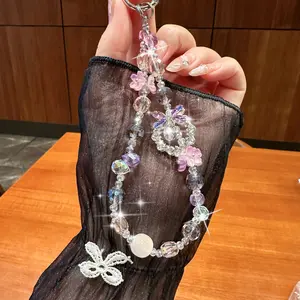 Butterfly ring element Mobile phone chain Sparkling Beaded Phone Wrist Strap- Stylish Cellphone Lanyard Chain with Bracelet Design for Women and Girl HNSPSJL05